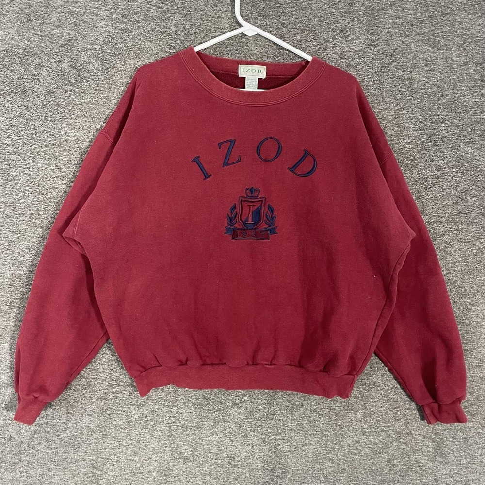 IZOD Sweatshirt Mens Large Red Crewneck Crest Logo Preppy Pullover Vintage